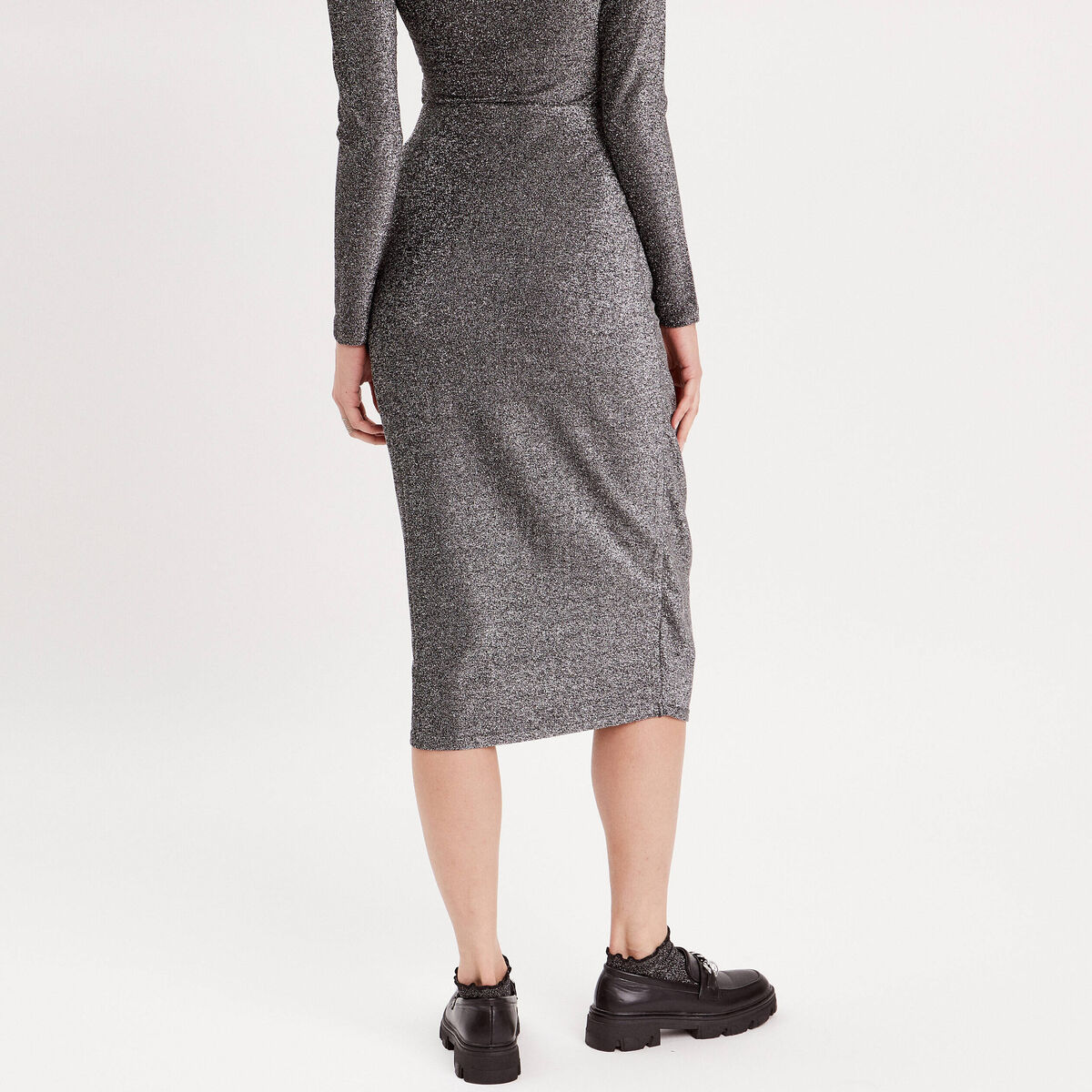 Jupe midi moulante drapée gris argent femme