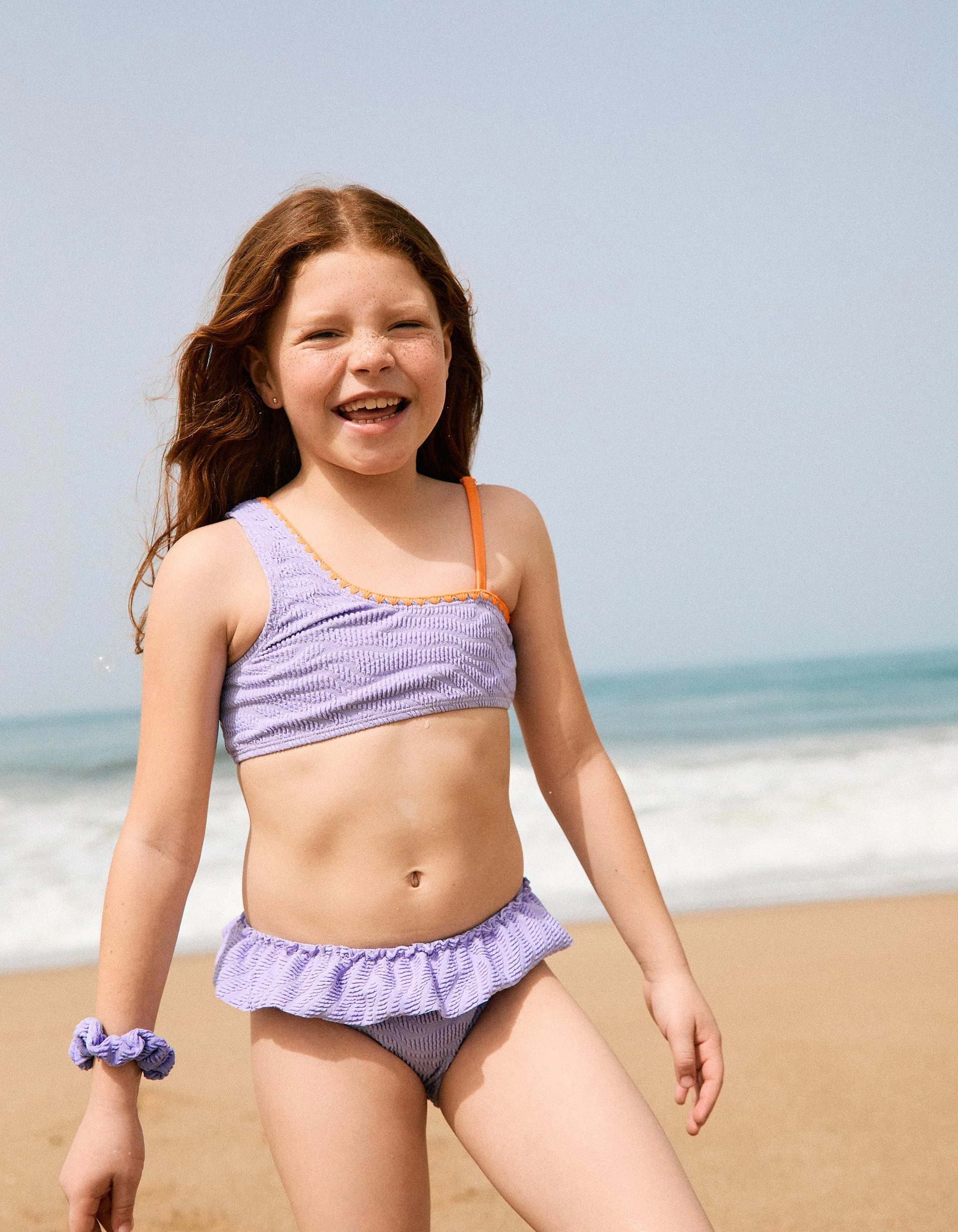Bikini with ruffles + scrunchie for girls, lilac/orange