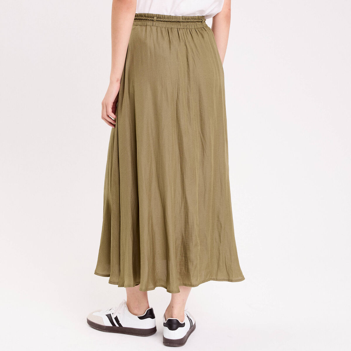 Jupe longue évasée satin vert kaki femme