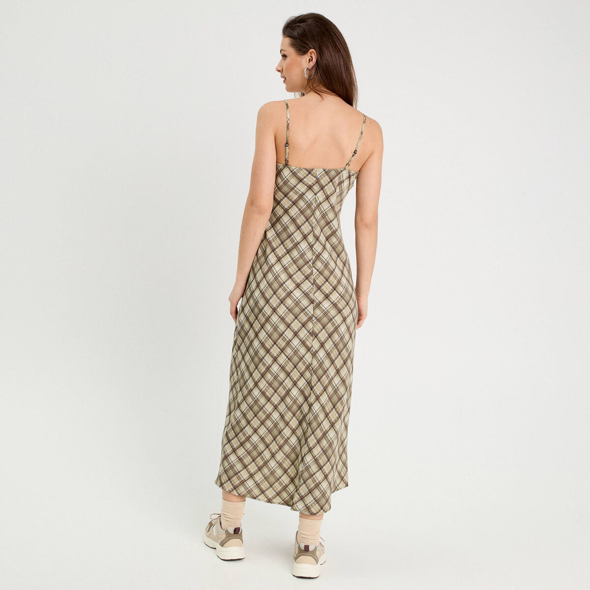 Robe longue droite bretelles vert kaki femme