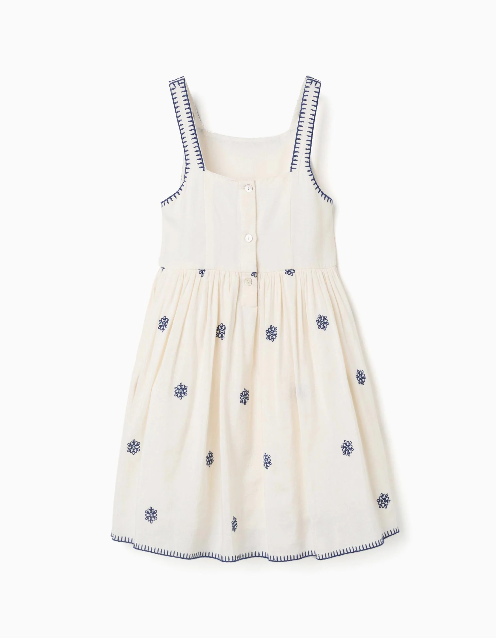 Sleeveless dress in cotton and linen with flowers for girls, beige/blue