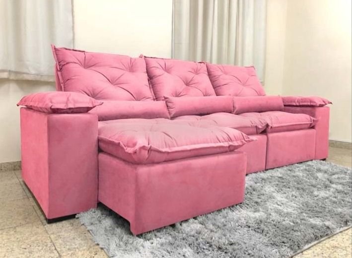 Sofá Retrátil e Reclinável 2,70m em Tecido Veludão C/pillow Nos Braços Athenas:rosa/270cm