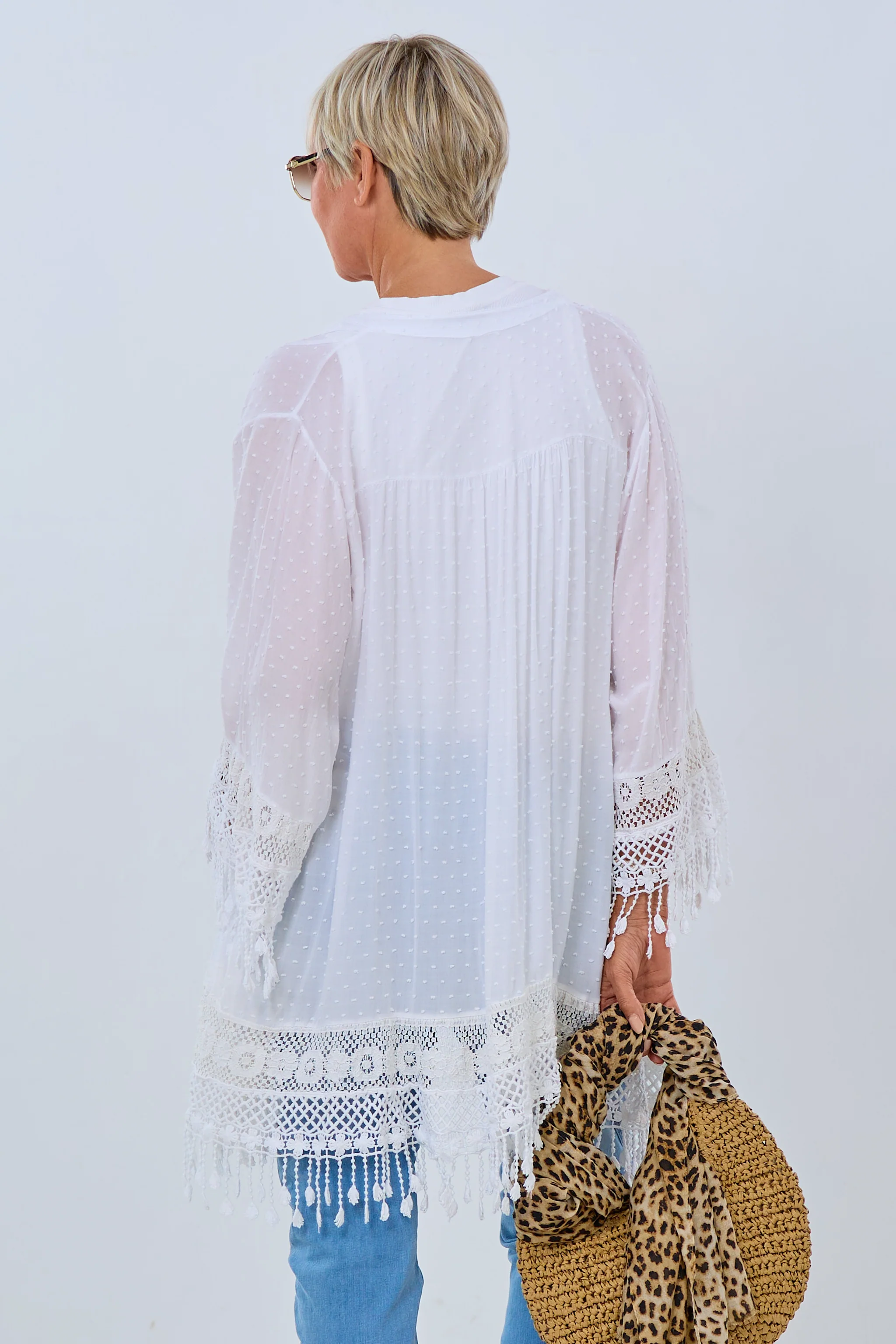 Tunika/ Kleid mit Fransen und Stickerei, weiß