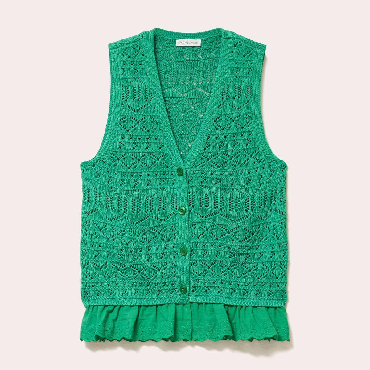 Débardeur col v ajouré aspect dentelle vert menthe femme