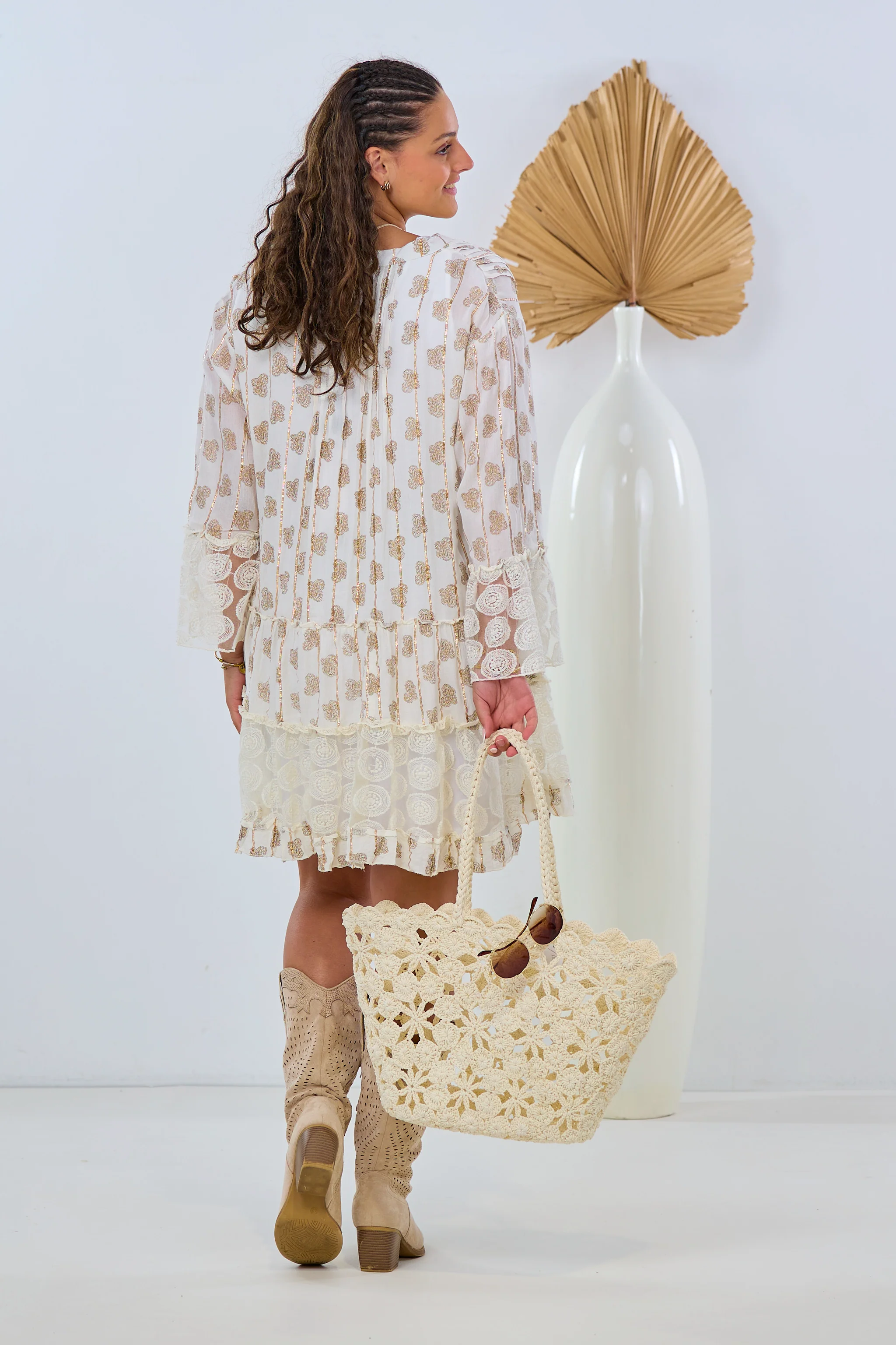 Tunika/Kleid mit V-Ausschnitt und Spitze, creme-beige