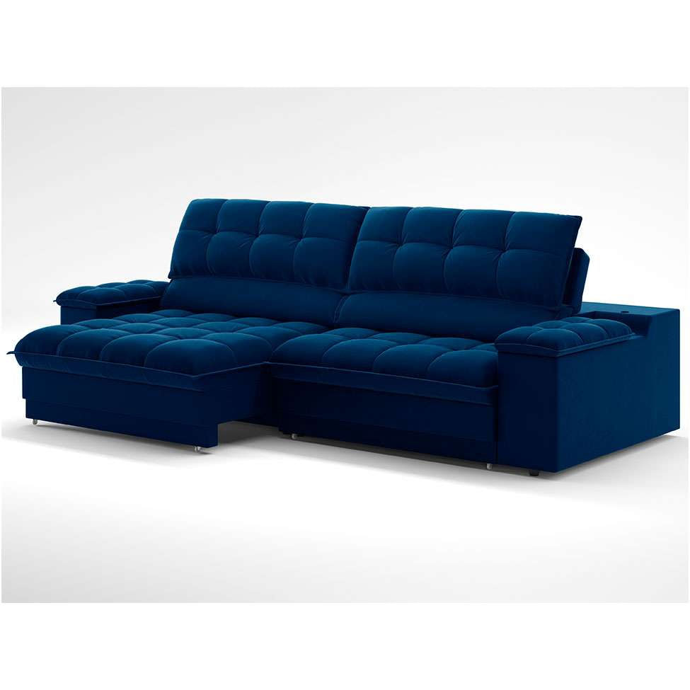 Sofá 3 Lugares Retrátil e Reclinável Helen com USB e Porta-Copos Veludo Azul Marinho 210 cm em Promoção | Ofertas na Americanas