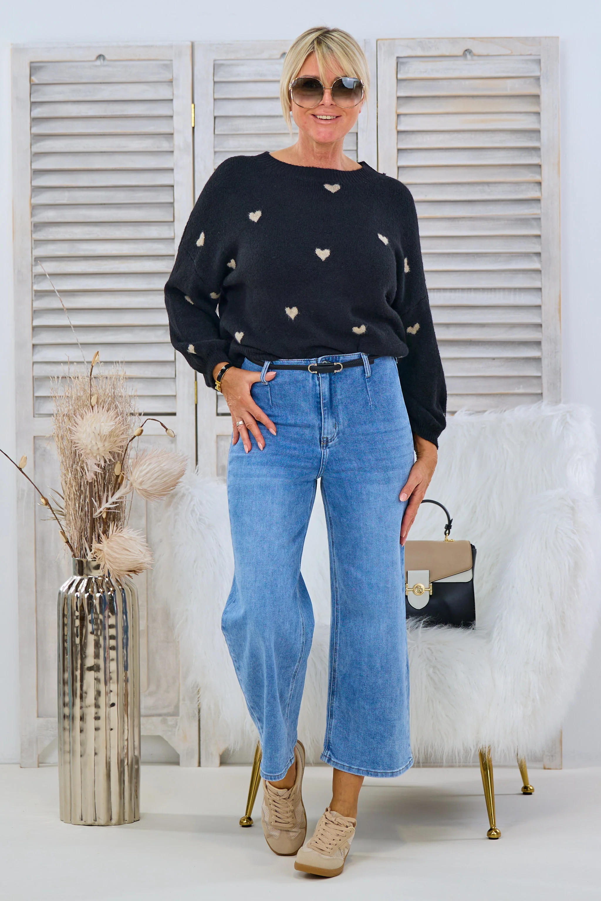 High Waist Jeans Culotte mit Gürtel, denim-blue