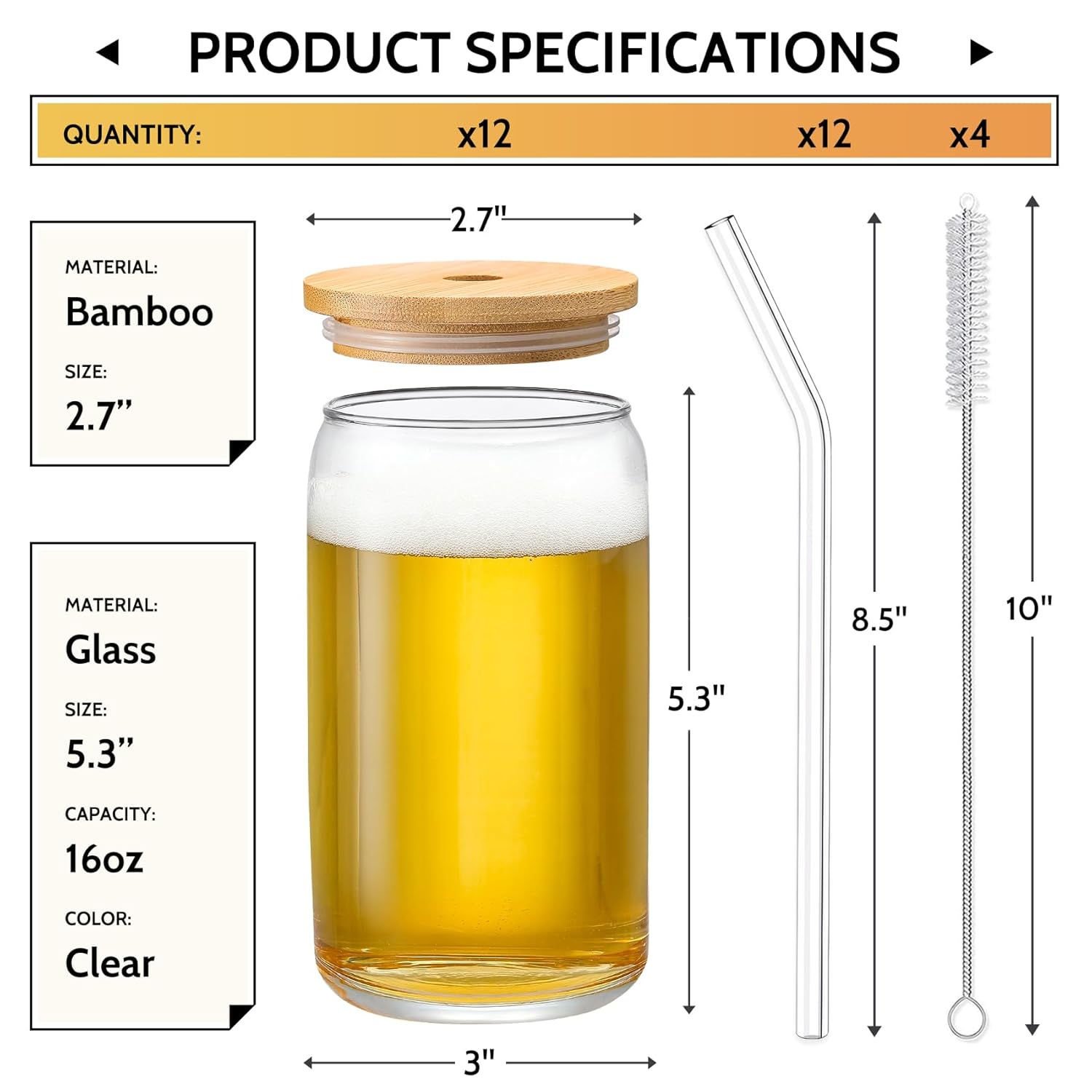 12pcs Set ] Glass Cups with Bamboo Lids and Glass Straw - Beer Shaped Drinking Glasses  16 oz Iced Coffee Glasses  Cute Tumbler Cup for Smoothie  Boba Tea  Whiskey  Water - 4 Cleaning Brushes