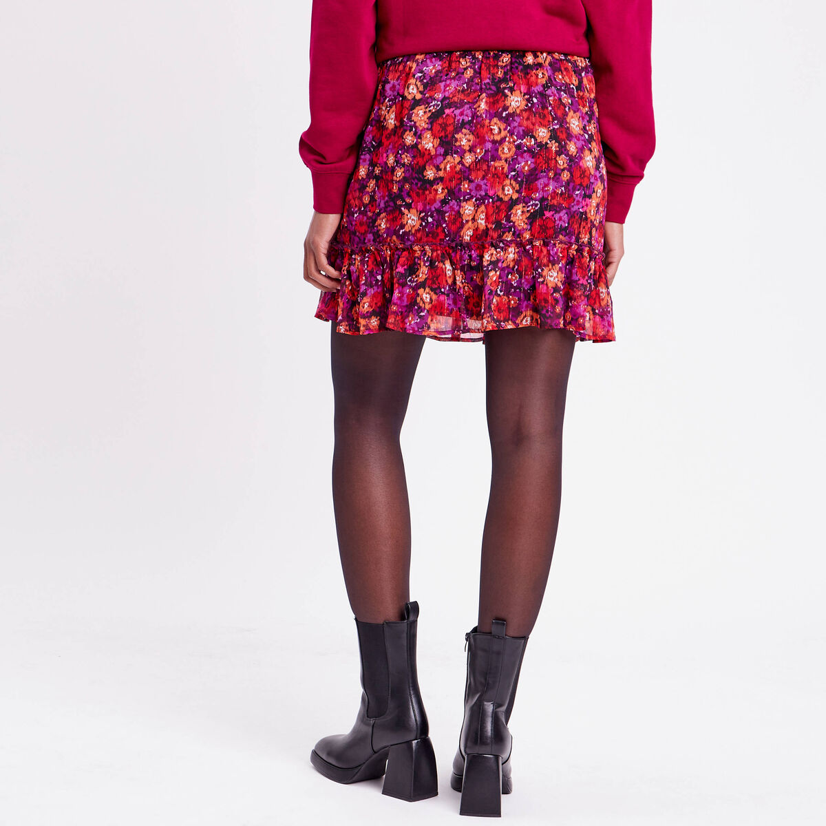 Jupe évasée volantée rose fushia femme