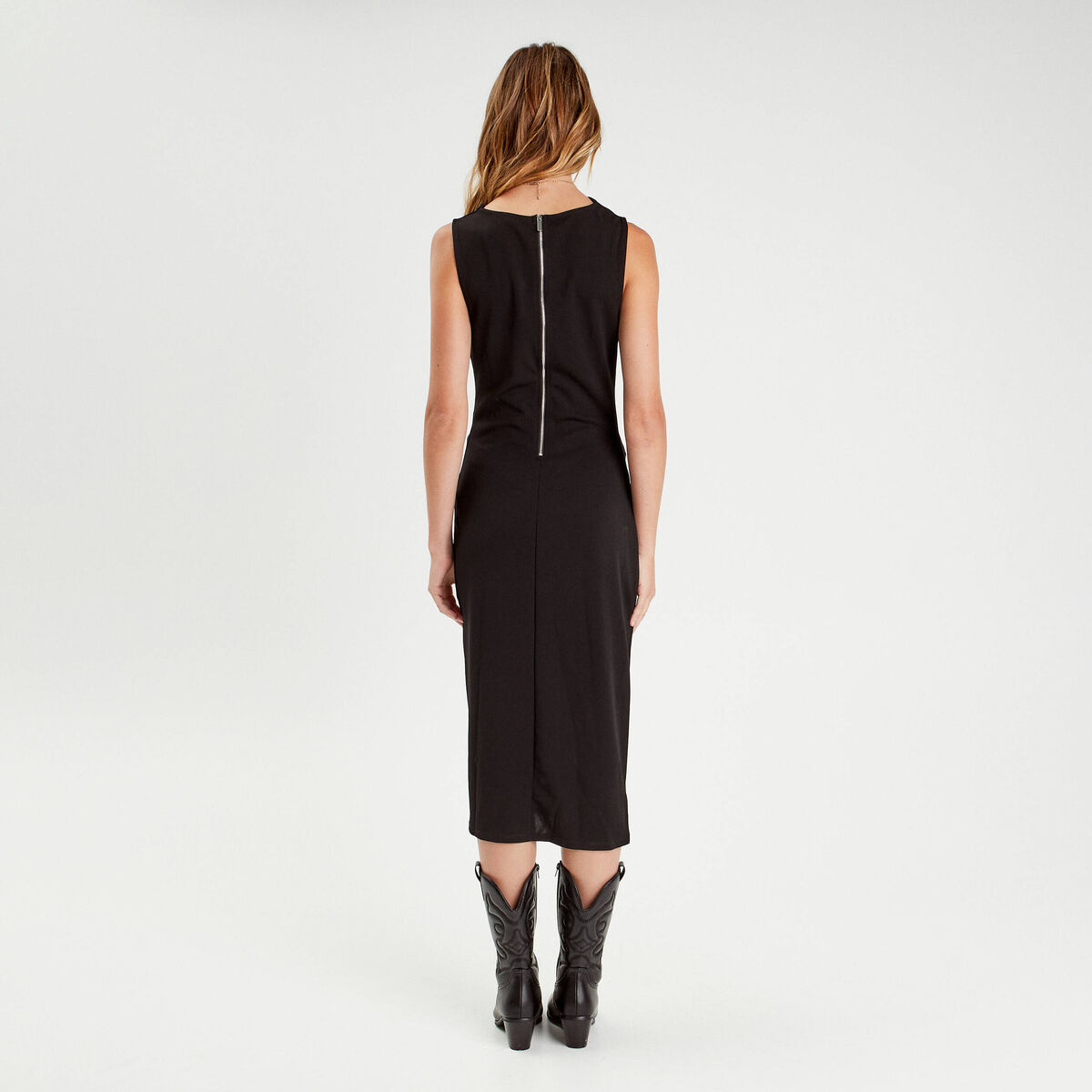 Robe longue ajustée drappée noir femme