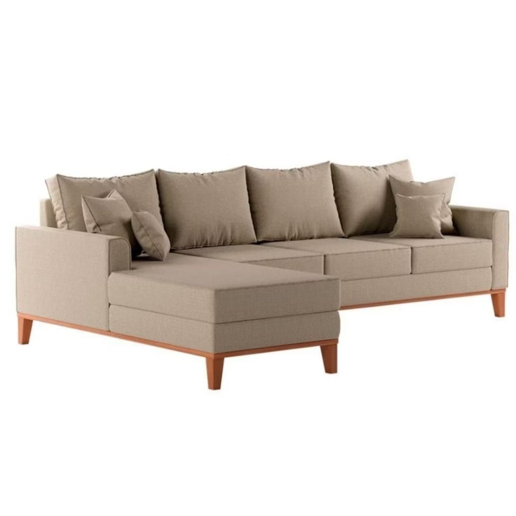 Sofá Beny com Chaise Esquerda, 1,40x2,60m, 4 Lugares, Linho, Base em Madeira. (bege)