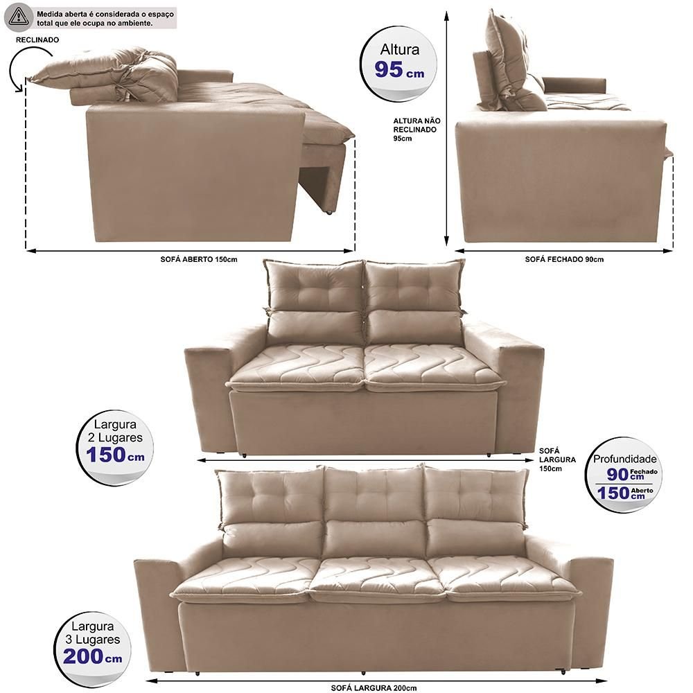 Conjunto de Sofá 3 e 2 Lugares Retrátil e Reclinável 2.00x1.50m Cama Inbox Smal Suede Bege