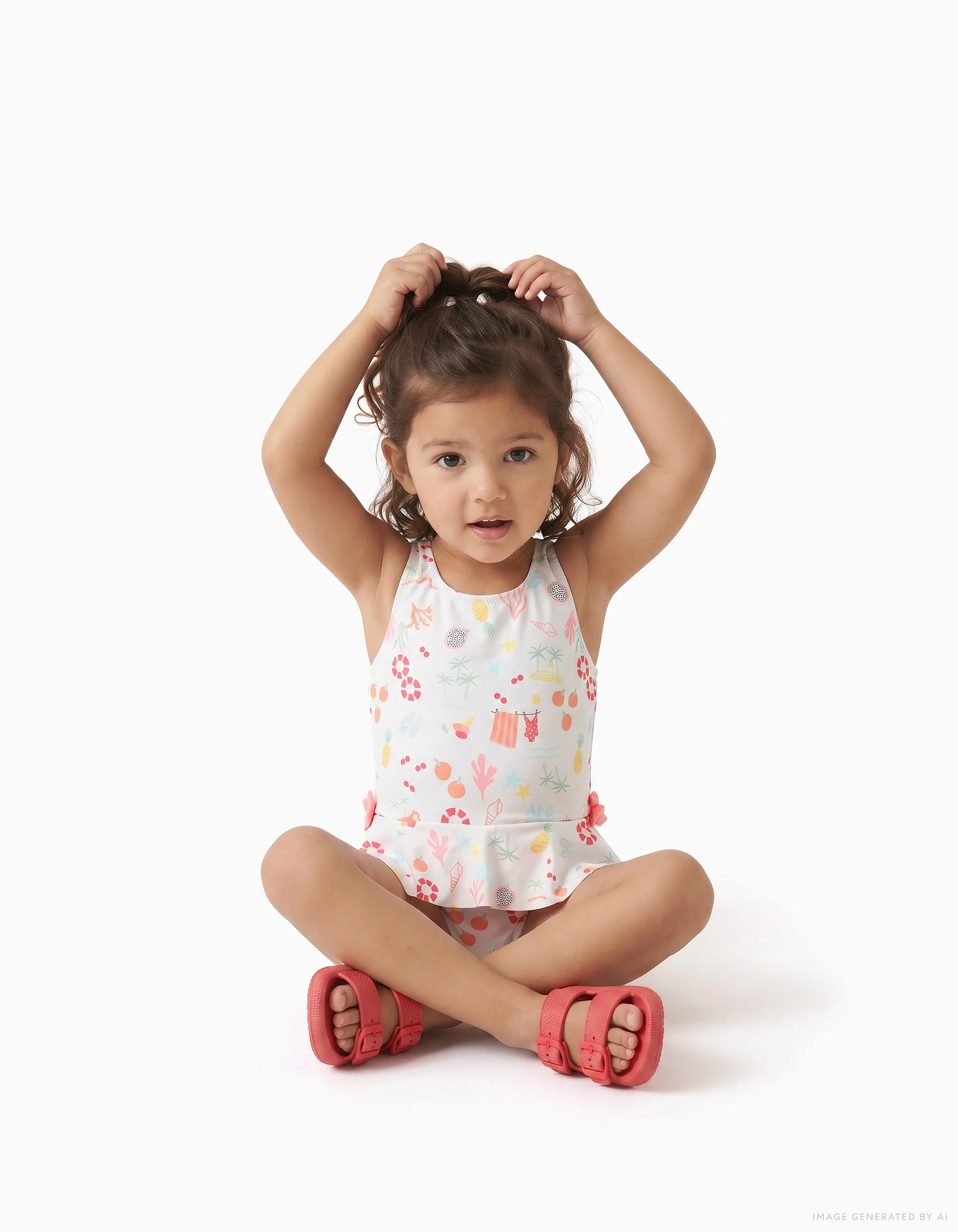 Swimsuit with beach motif and lining for baby girls, white