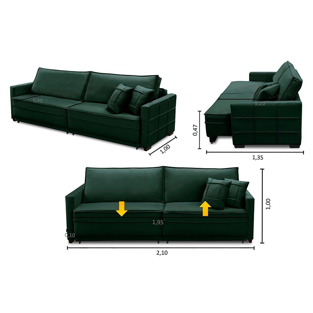 Sofá Sem Caixa Retrátil Reclinável 2,10m Karen Veludo Verde Adonai Estofados