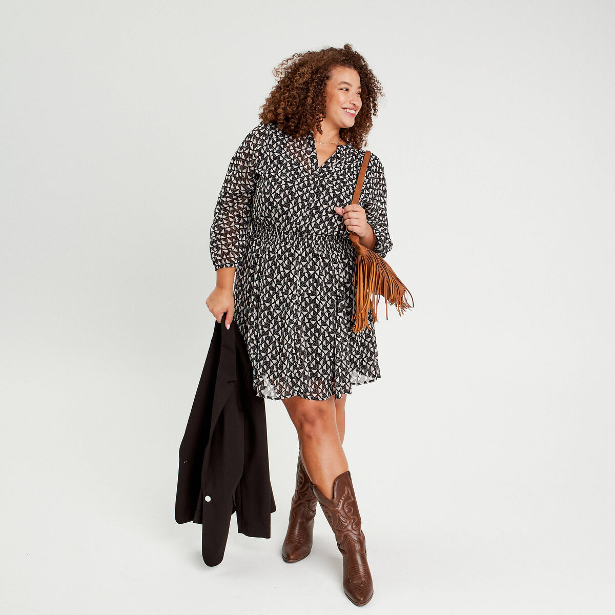 Robe évasée manches 3/4 noir femme