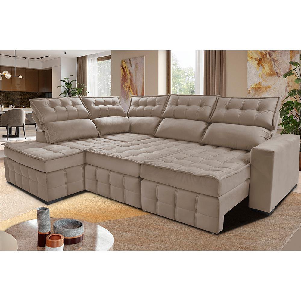 Sofá de Canto Esquerdo 2.65x2.30m Retrátil e Reclinável com Molas Ensacadas Cama inBox Nobre Bege