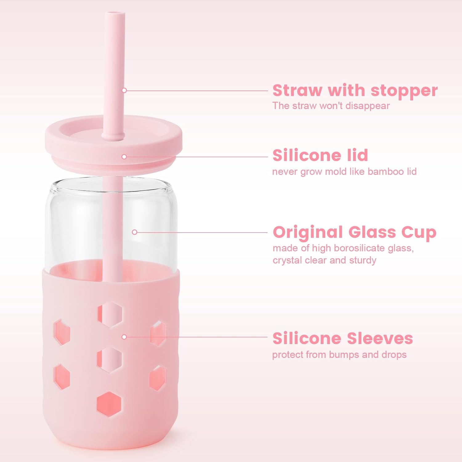 Glass Cups with Lids and Straws (4 Pcs)  16oz Drinking Glasses Set with Silicone Sleeves for Coffee Bar Accessories Iced Coffee Cups with Lids  Glass Tumbler Reusable for Gifts
