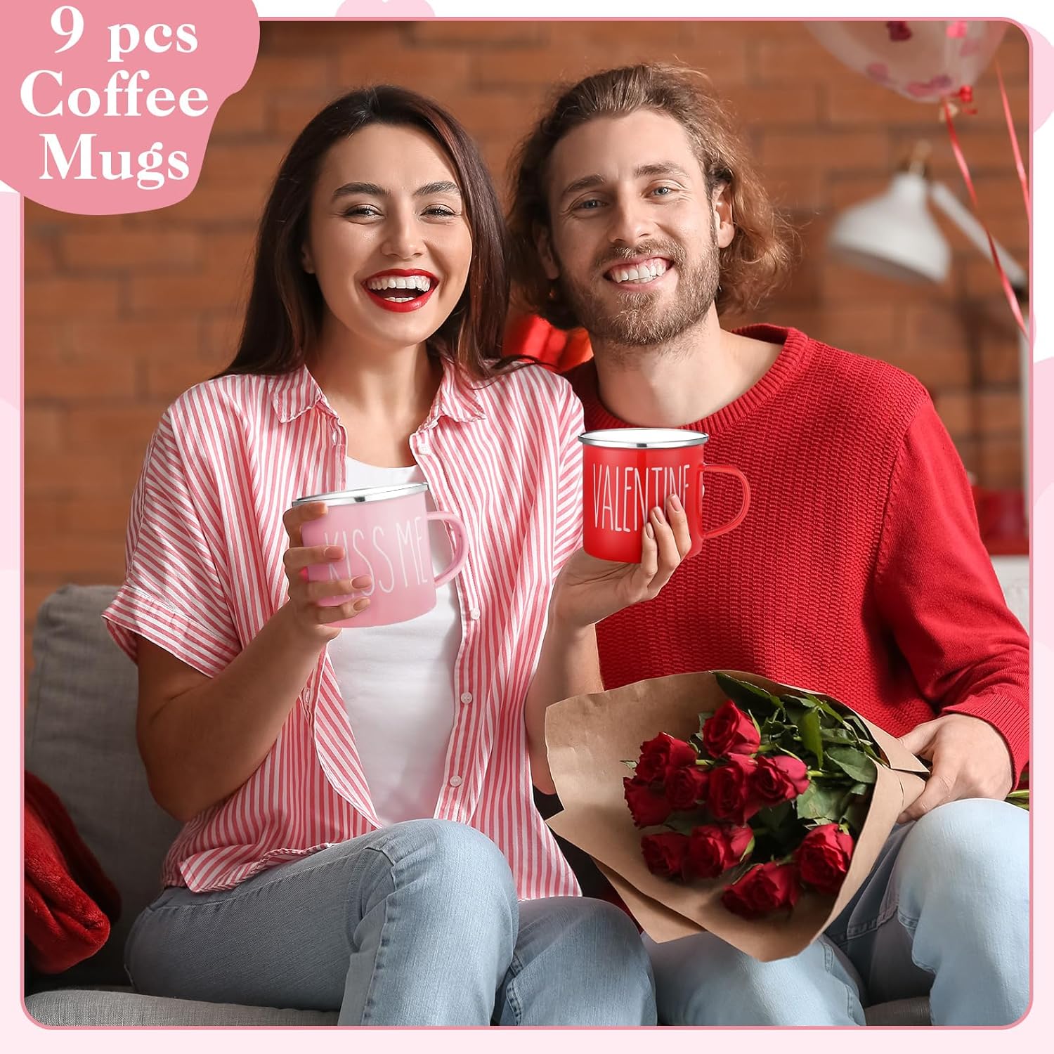 9 Pcs Valentine's Day Coffee Mugs 12 oz Valentine's Day Enamel Mug Romantic Coffee Mug Outdoor Camper Mug Kiss Love Sign Camping Tea Cup for Valentine's Day Party Campfire