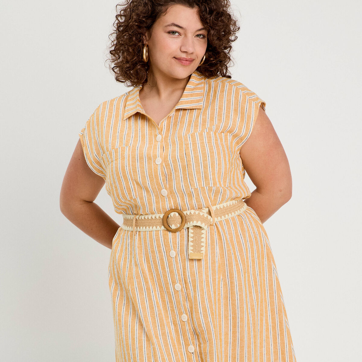 Robe chemise midi contenant du lin jaune femme