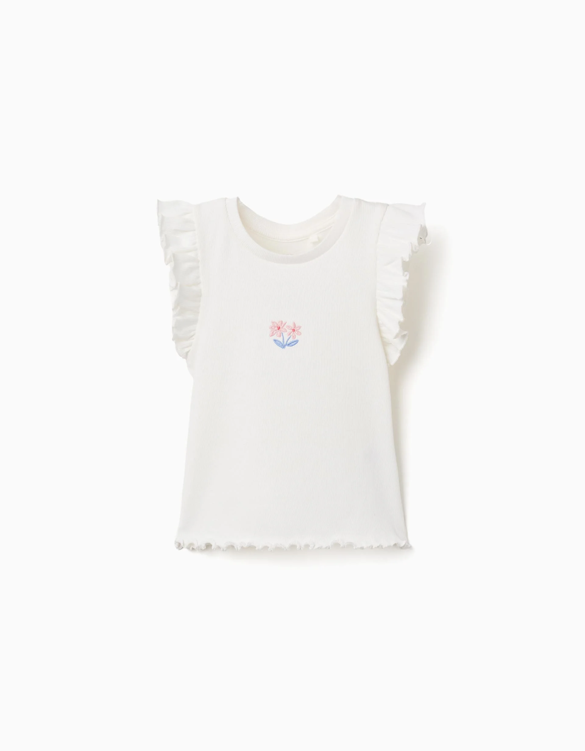 Ribbed cotton T-shirt with ruffles and flowers for girls, white