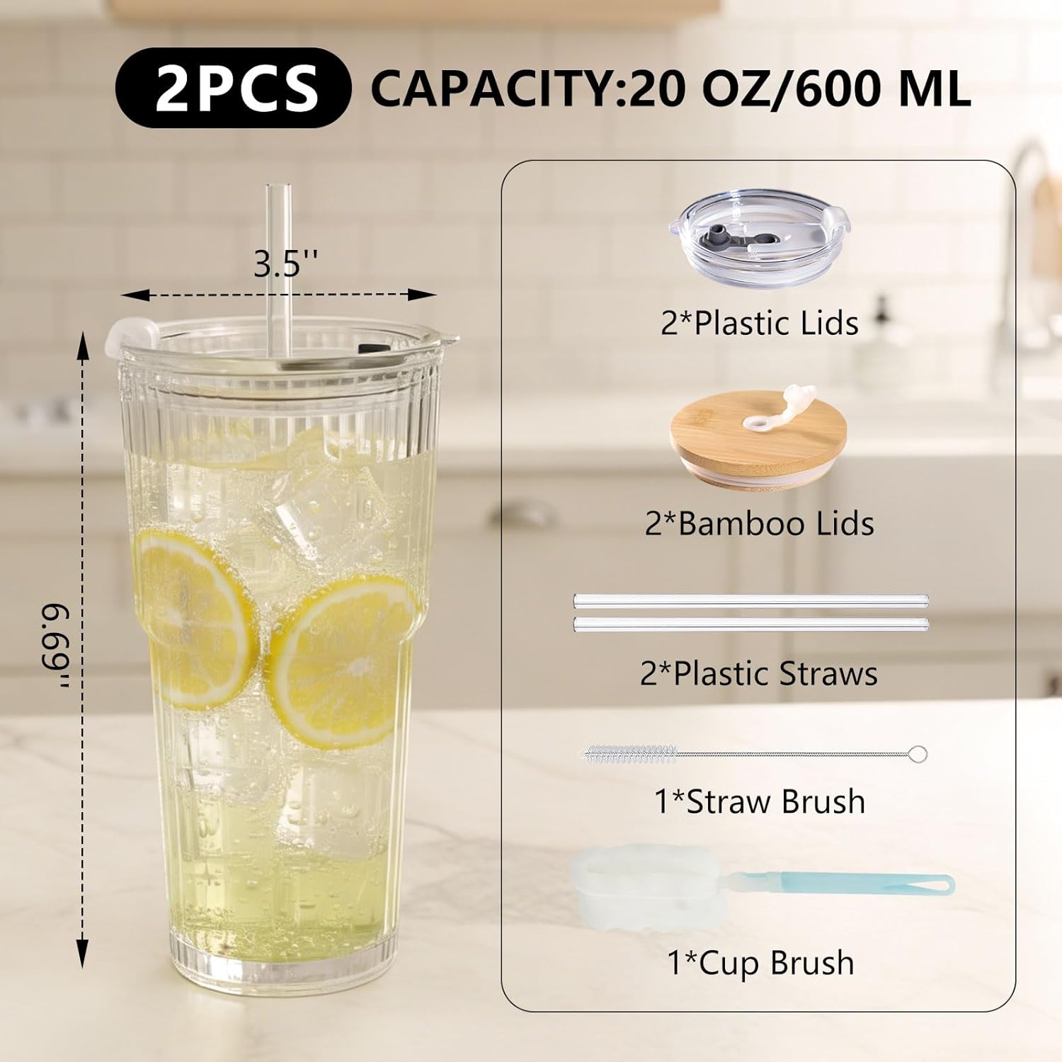 20oz Ribbed Glass Tumbler with Lids and Straws  2 Pack Leak Proof Iced Coffee Cup Aesthetic Glass Cups with Bamboo Lids for Home Office Travel and Gifts (2  Transparent)