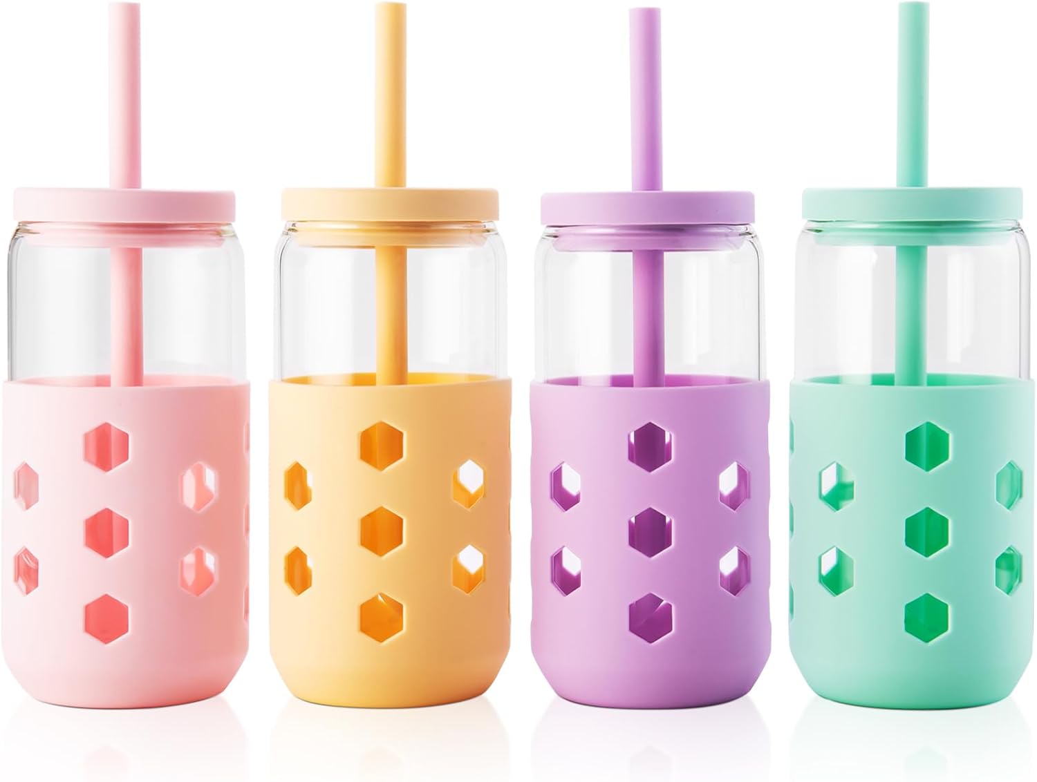 Glass Cups with Lids and Straws (4 Pcs)  16oz Drinking Glasses Set with Silicone Sleeves for Coffee Bar Accessories Iced Coffee Cups with Lids  Glass Tumbler Reusable for Gifts