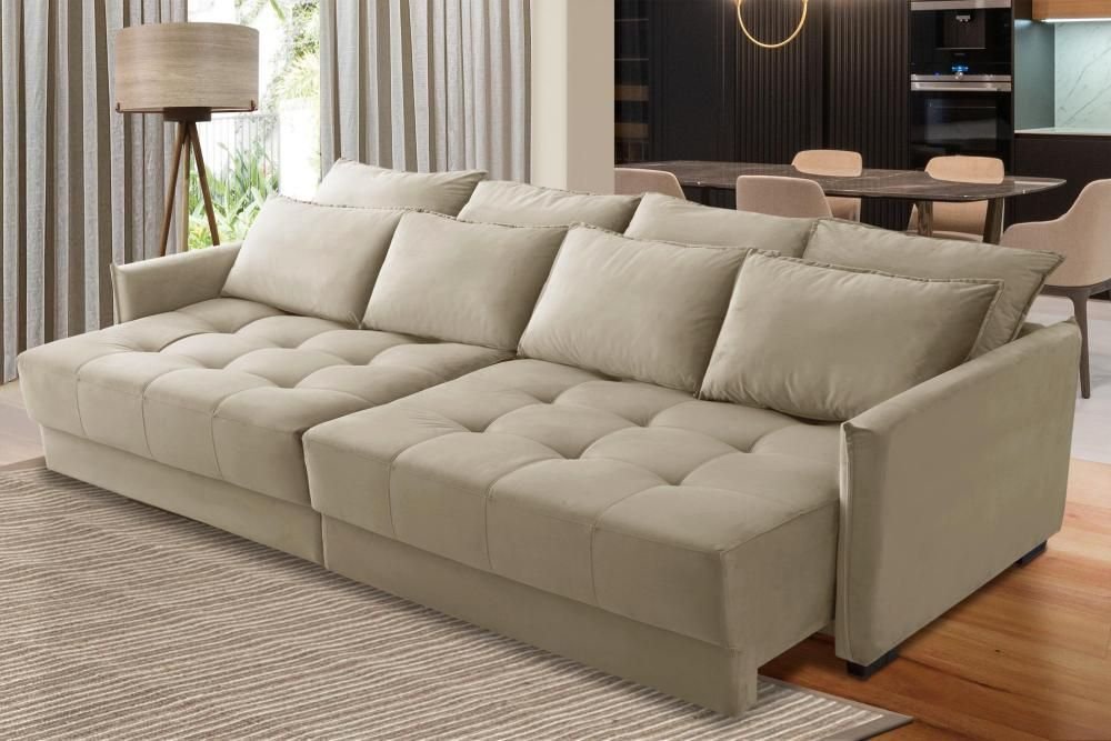 Sofá Cama Retrátil e Reclinável 2,50m com Molas Cairo Veludo Bege Mirra Decor