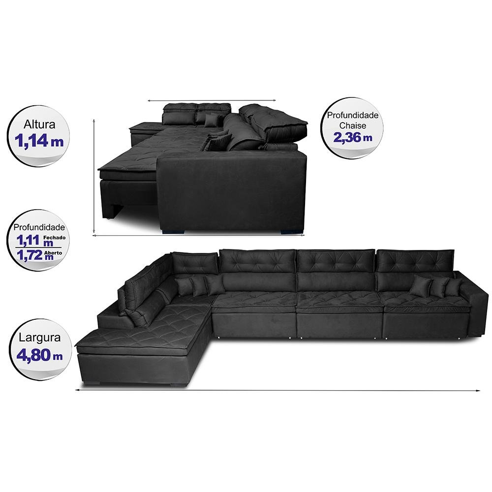 Sofá de Canto 4.80x2.36m Retrátil e Reclinável com Molas Cama inBox Platinum Esquerdo Suede