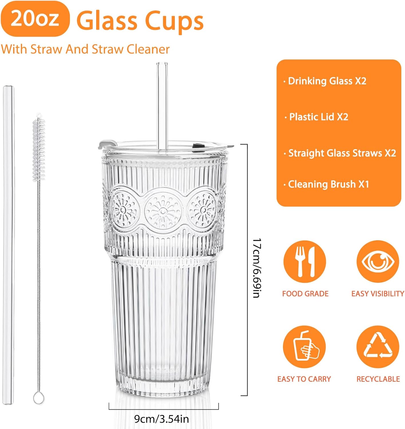 20oz Ribbed & Floral Glass Tumbler Set of 2  Reusable Glass Cups with Lid and Glass Straw  Iced Coffee Cups for Water  Smoothie  Milk  Cocktail & More  Perfect for Daily Use & Travel