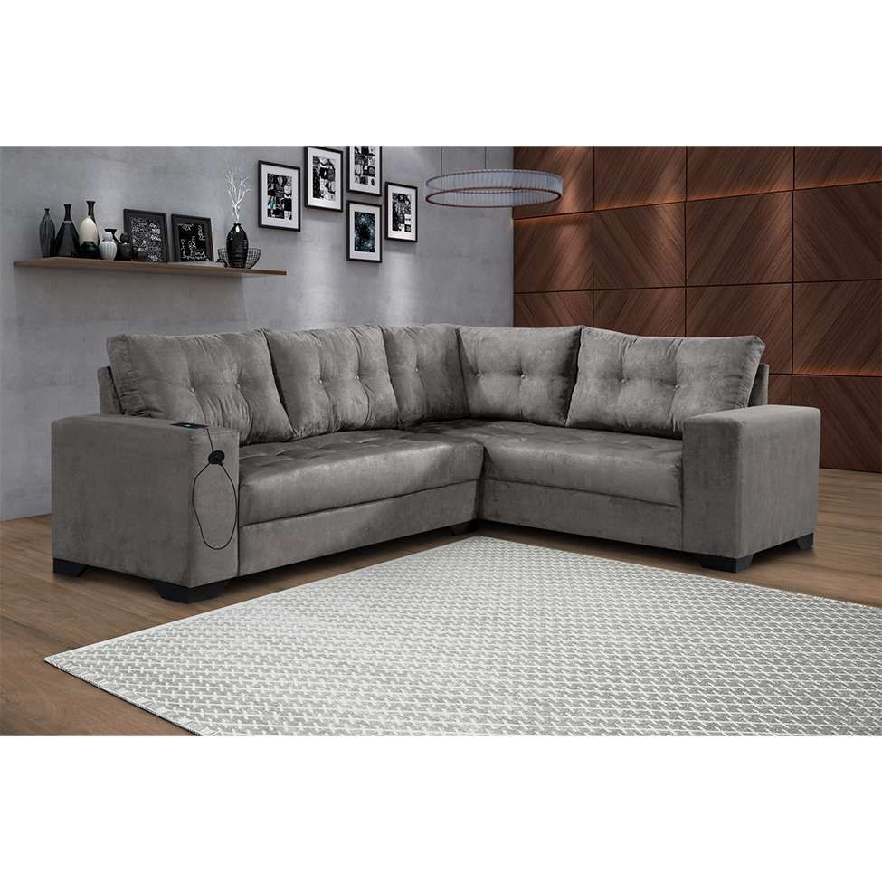 Sofá de Canto 5 Lugares Dijon com Entrada USB Suede Cinza em Promoção | Ofertas na Americanas