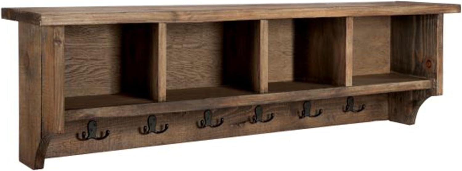 Pomona 48-Inch Wall-Mounted Coat Rack – Solid Wood & Metal Modern Entryway Organizer with 6 Heavy-Duty Hooks and 4 Open Cubbies for Mudroom, Hallway, Apartment, or Office Storage by Alaterre Furniture