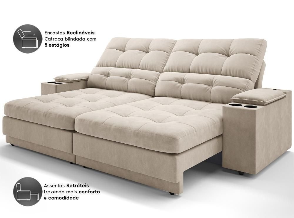 Sofá com Porta Copos e Carregador Usb Eureka 2,00m Assento Retrátil e Reclinável Velosuede -