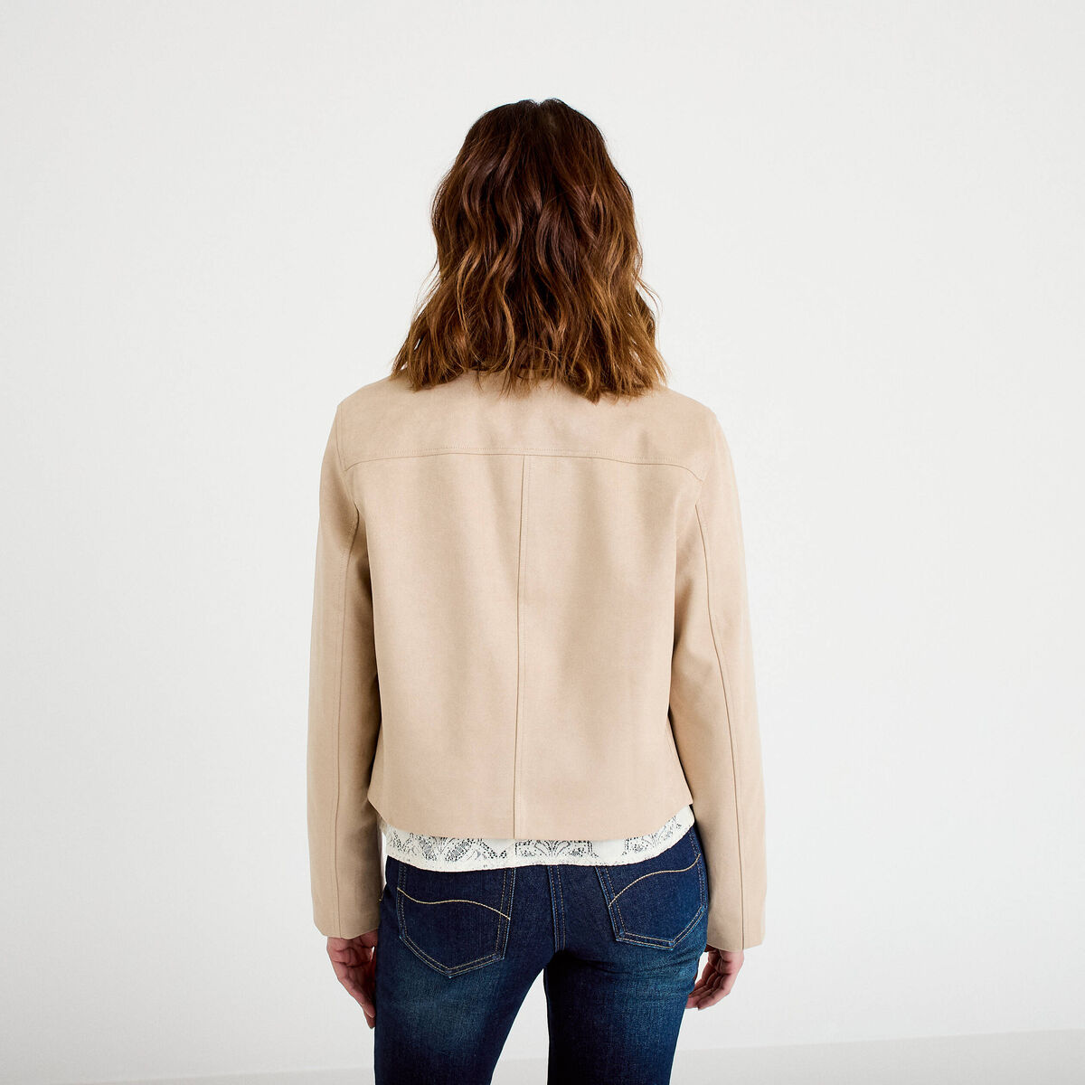 Veste droite cropped aspect daim beige femme