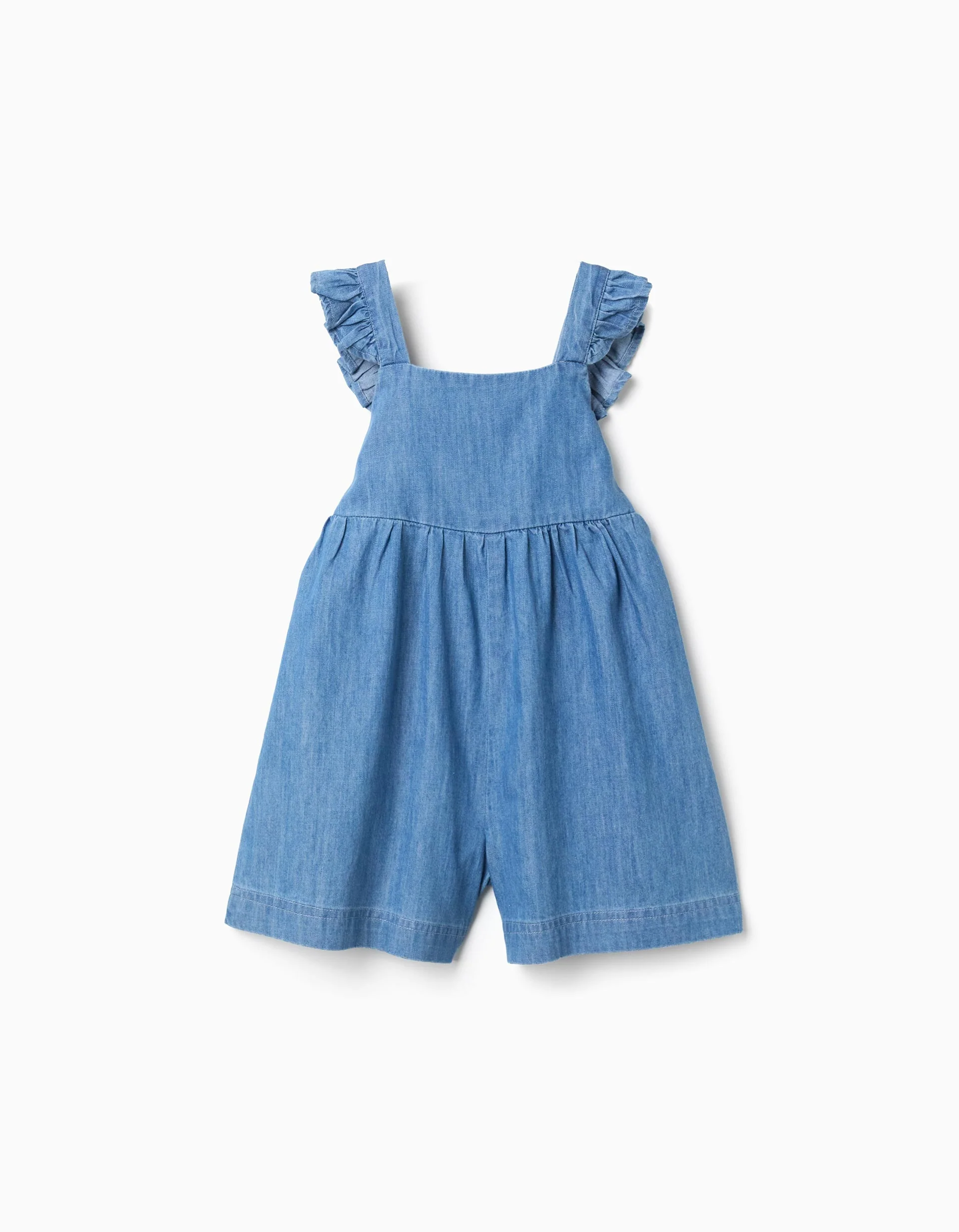 Wide leg denim playsuit with ruffled straps for baby girls, blue