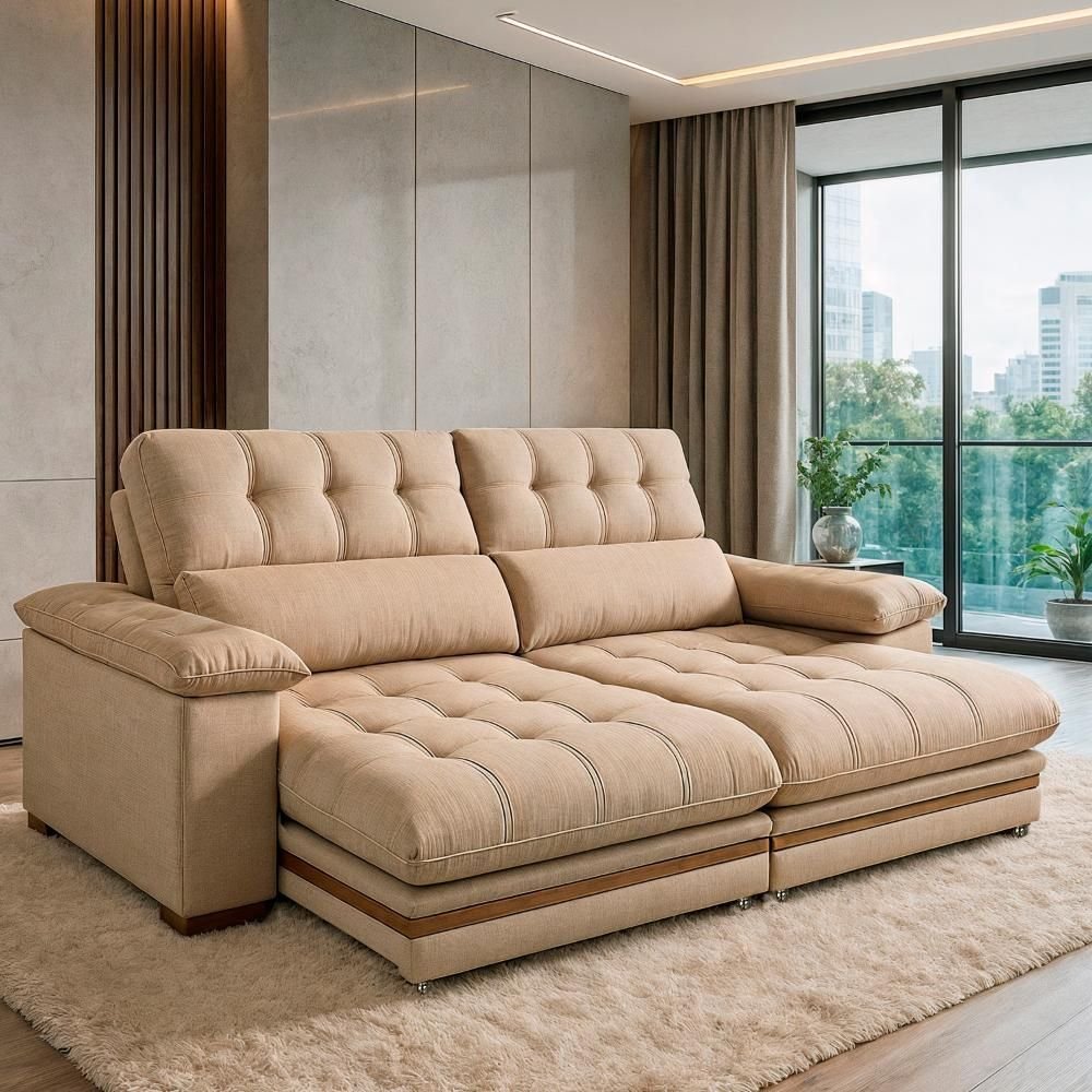 Sofá 5 Lugares 2,90m Retrátil e Reclinável Turim Molas Ensacadas Bom Pastor Linho Bege