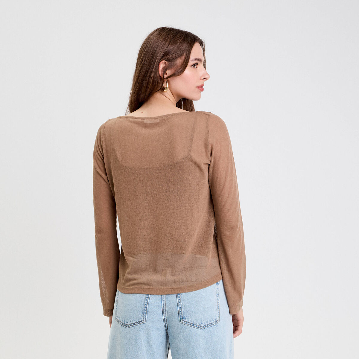 Top transparent col rond manches longues marron femme