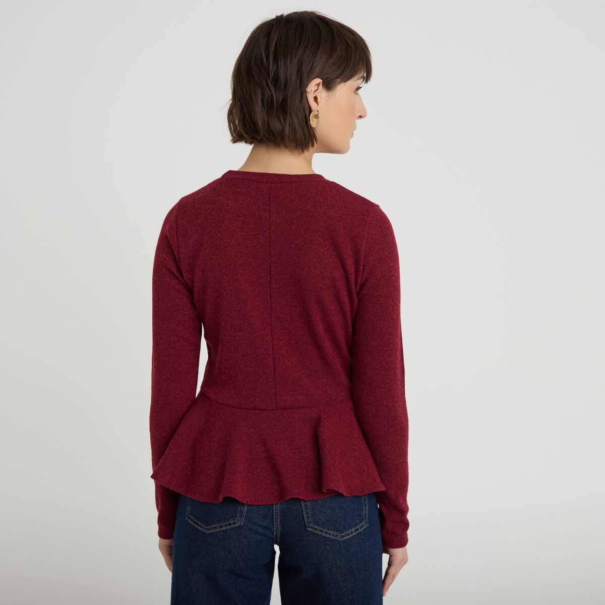 Pull péplum avec boutons rouge foncé femme