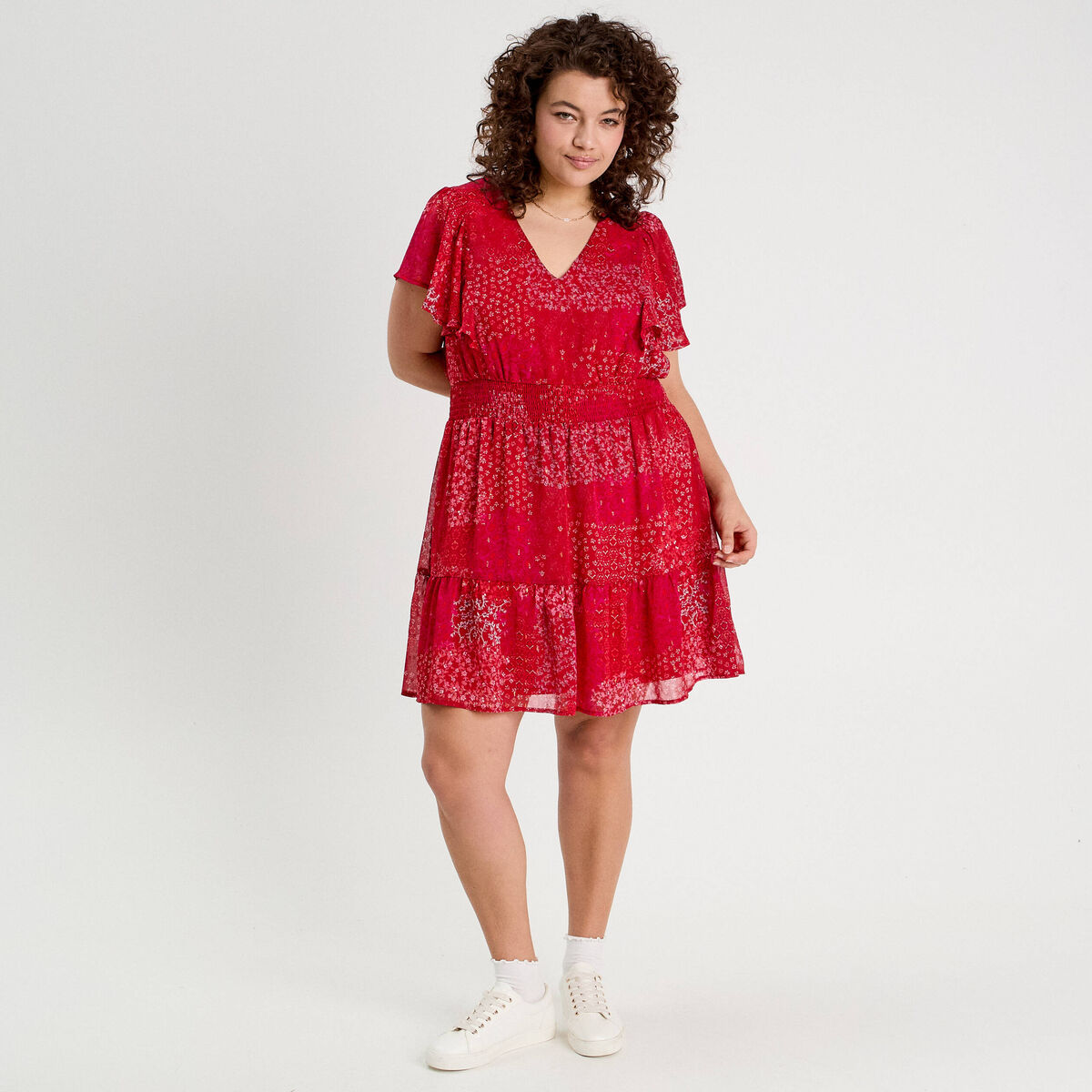 Robe évasée taille smockée rouge femme