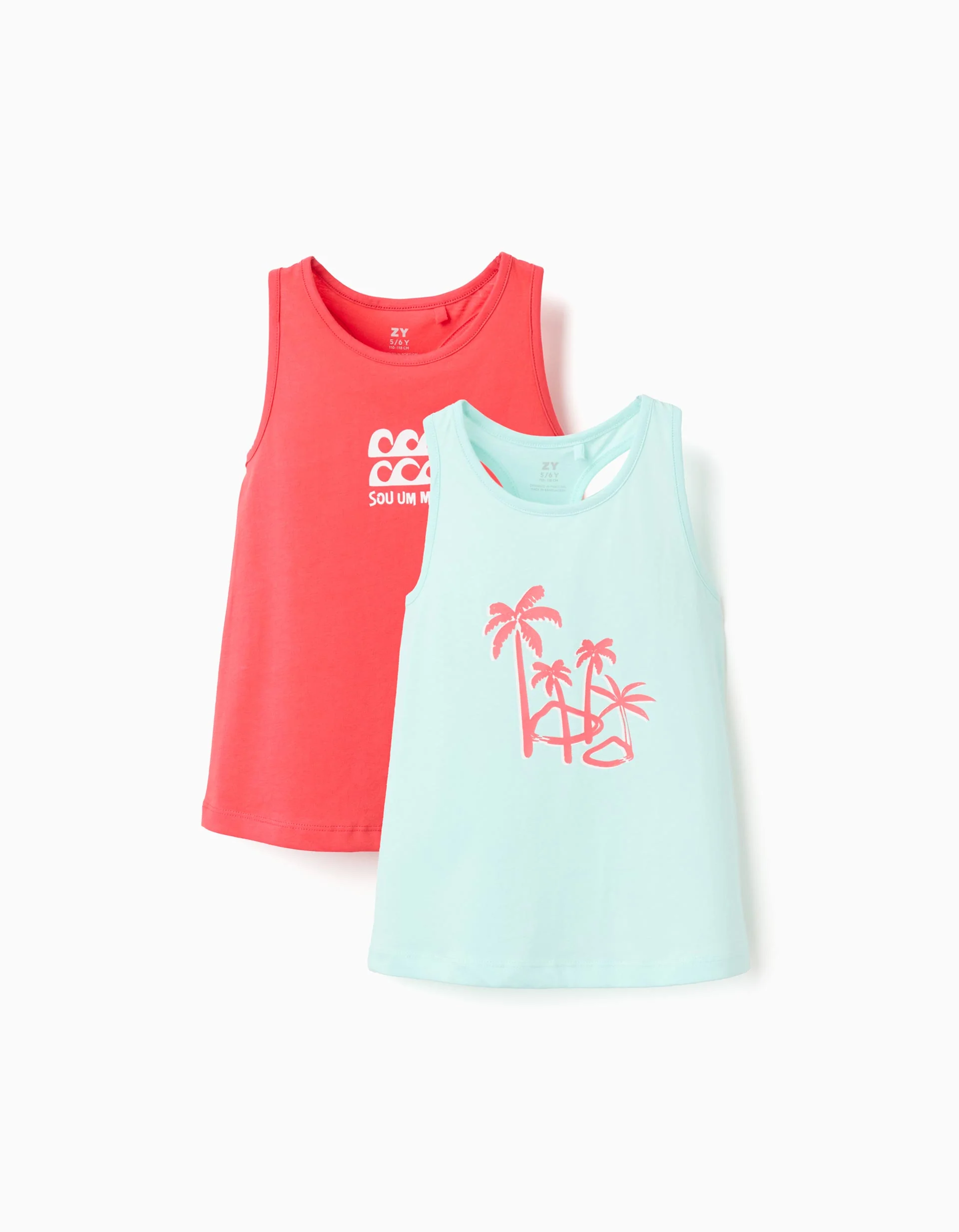 Pack of 2 cotton tank tops with beach prints for girls, coral/blue