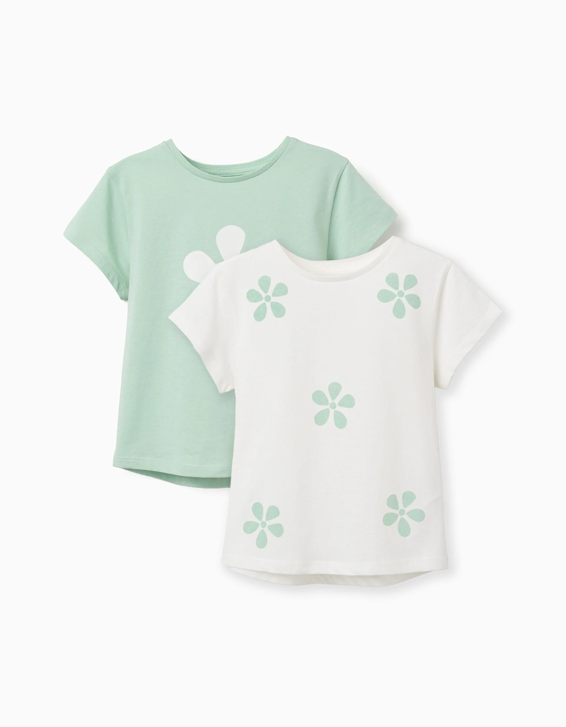 Pack of 2 cotton T-shirts with floral prints for girls, white/green