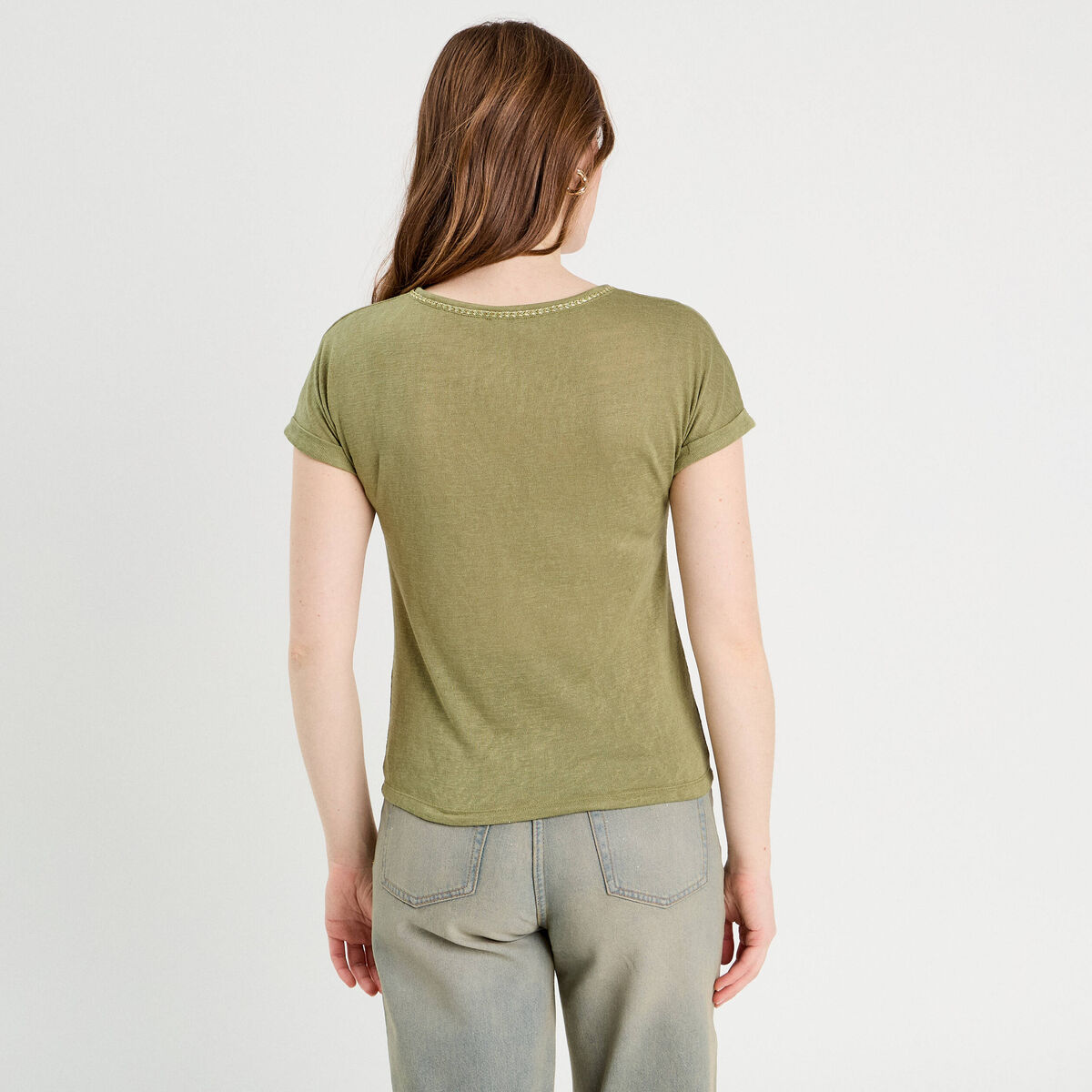T-shirt détail noeud vert kaki femme
