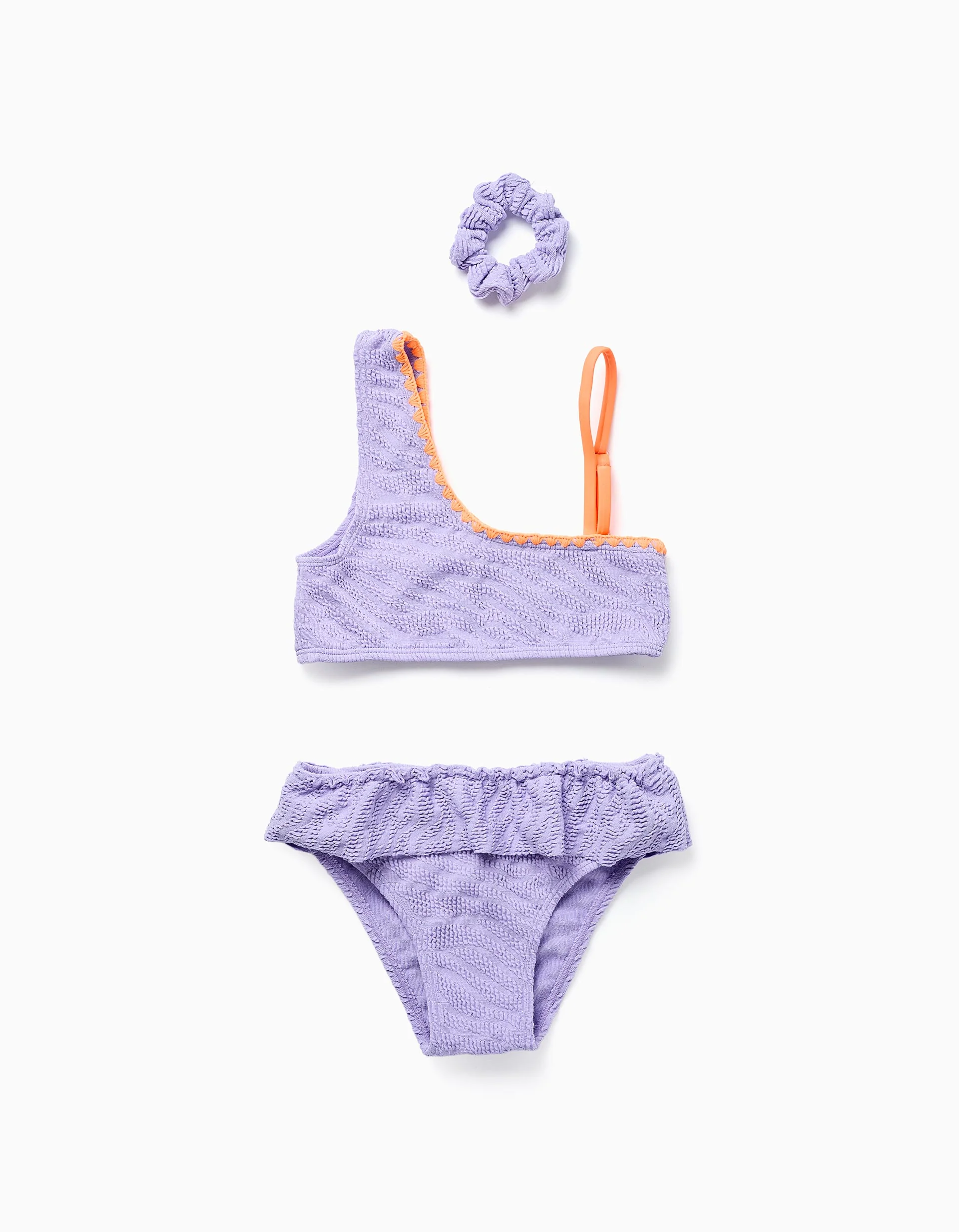 Bikini with ruffles + scrunchie for girls, lilac/orange