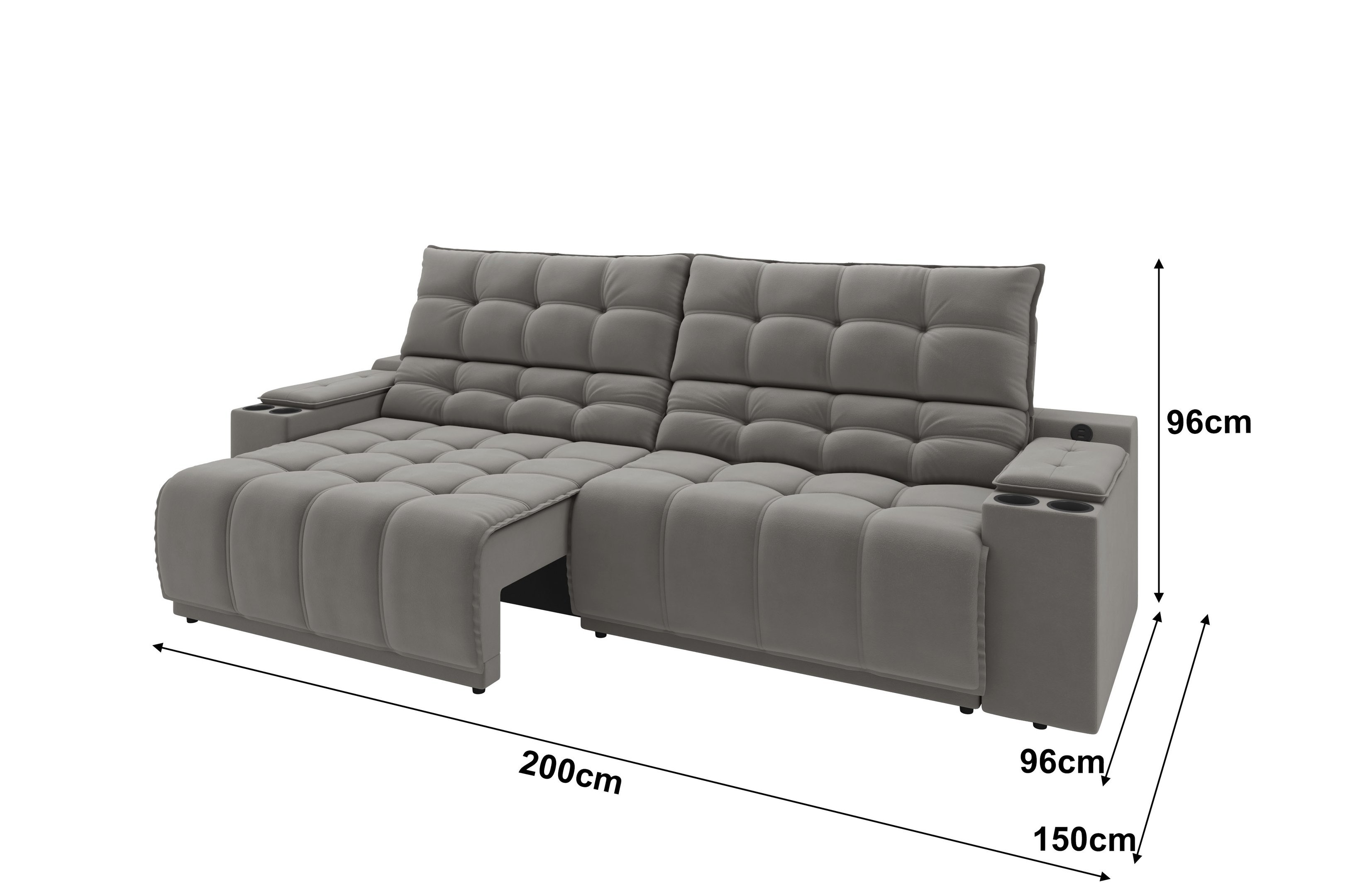 Sofá Connect Premium 2,00m Assento Retrátil/reclinável com Porta Copos e Entrada Usb Suede Cinza
