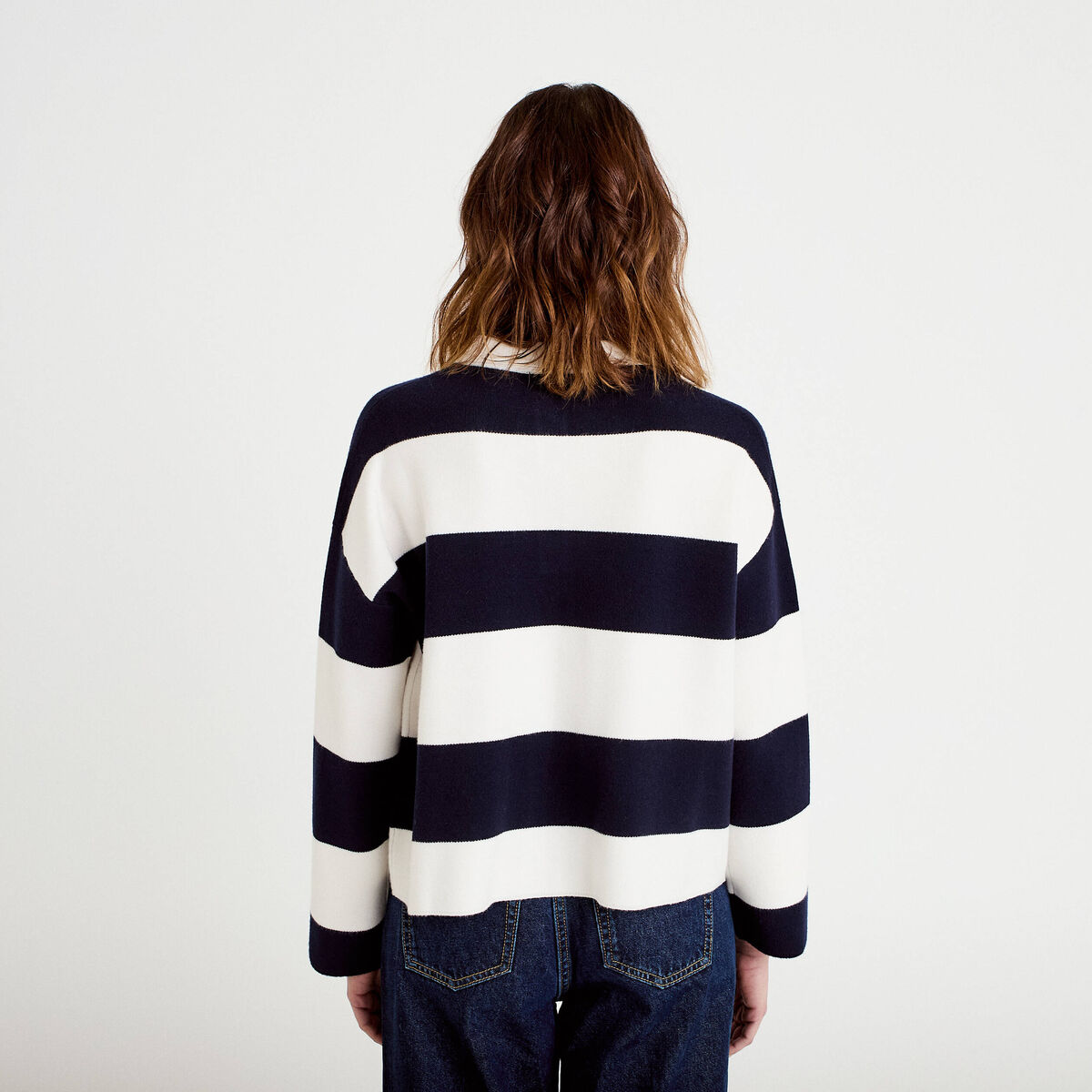 Polo manches longues col chemise bleu marine femme