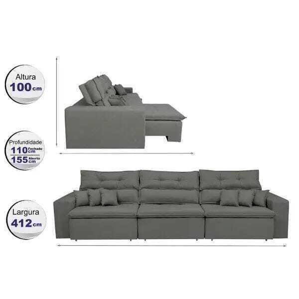 Sofá Cairo 4,12M Retrátil e Reclinável com Molas No Assento e 6 Almofadas Tecido Suede