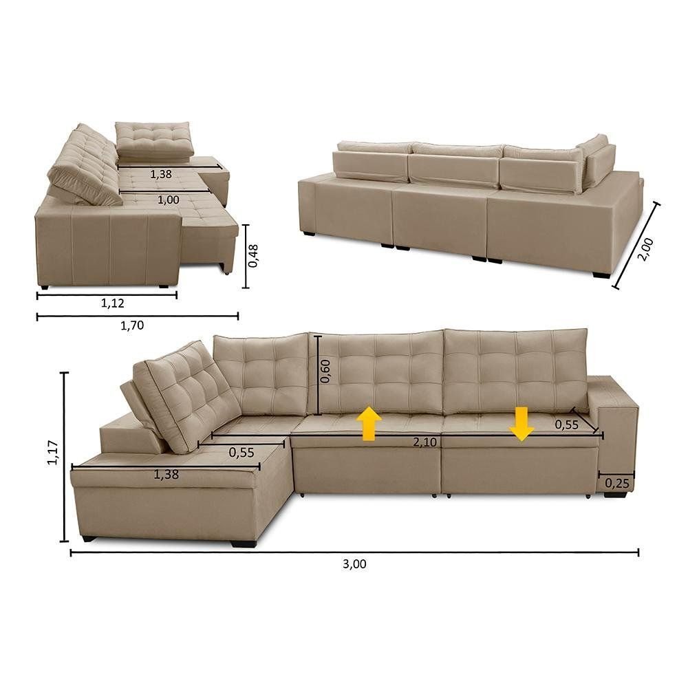 Sofá de Canto Retrátil e Reclinável com Molas 3,00x2,00 Le Jacke Suede Bege Madelina Decor