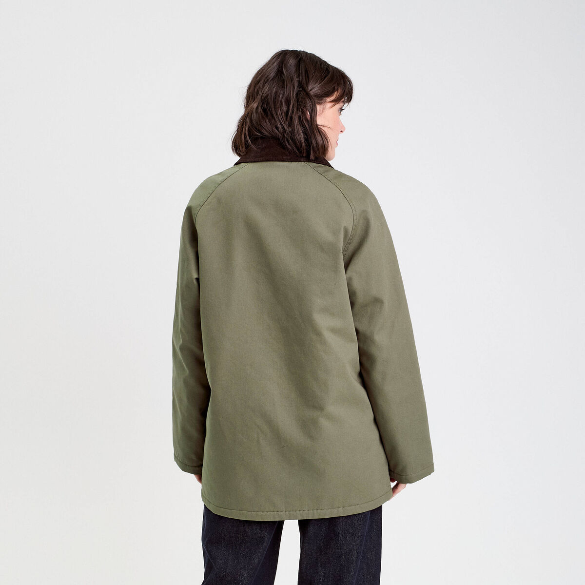 Veste droite mi-longue en coton vert kaki femme