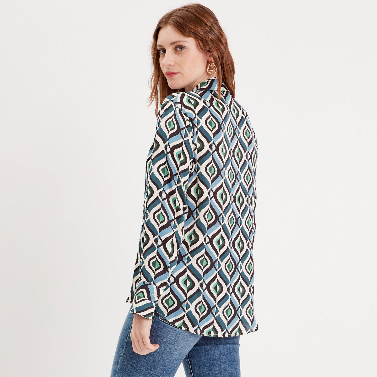 Chemise satin manches longues bleu femme