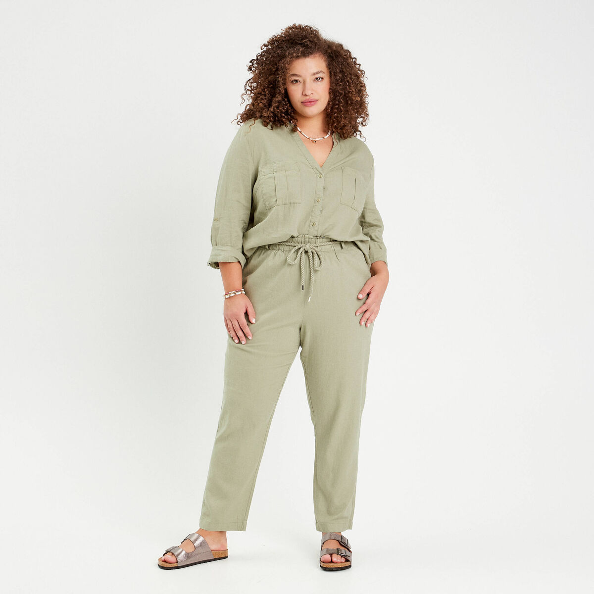 Chemise manches 3/4 contenant du lin vert kaki femme
