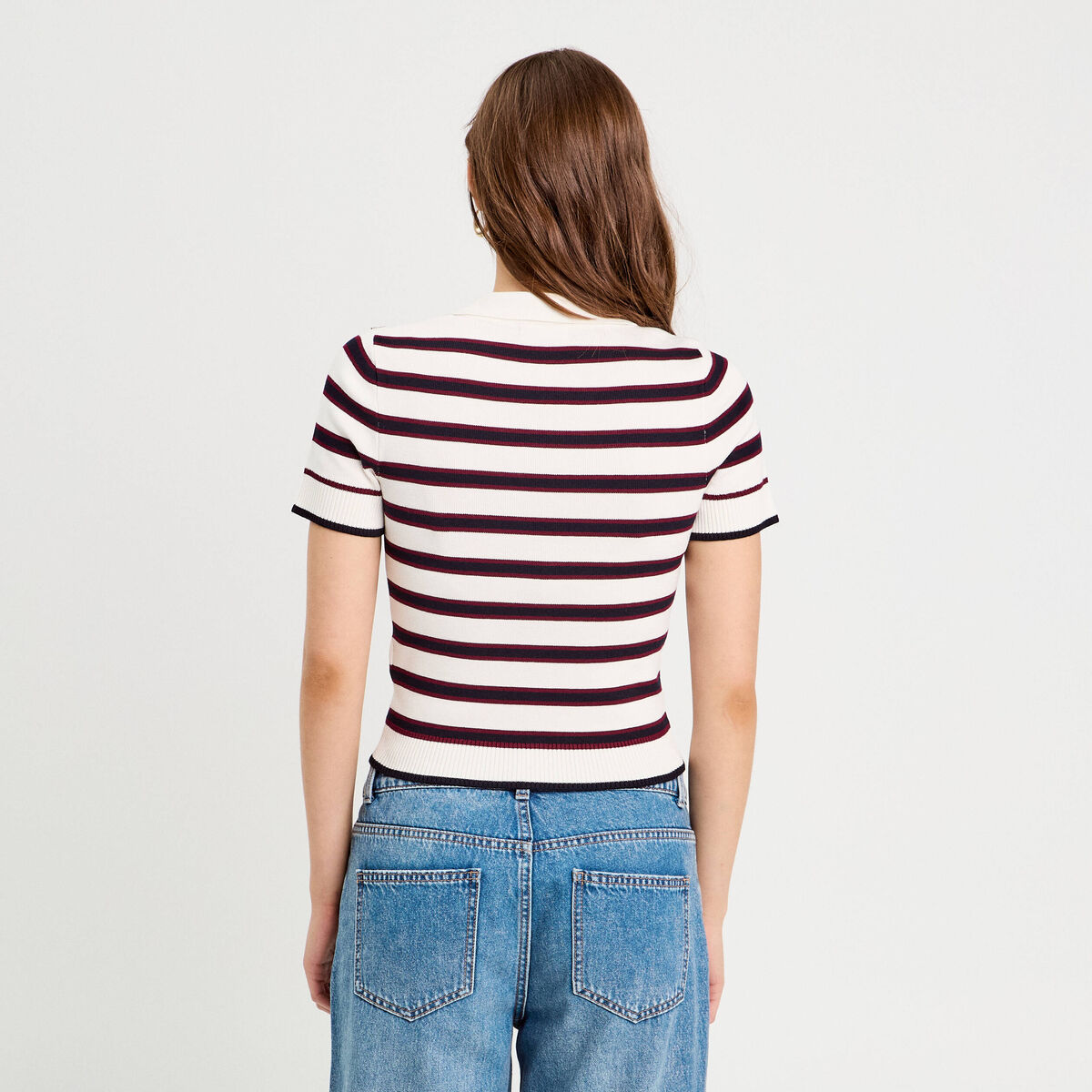 Pull manches courtes col polo blanc femme